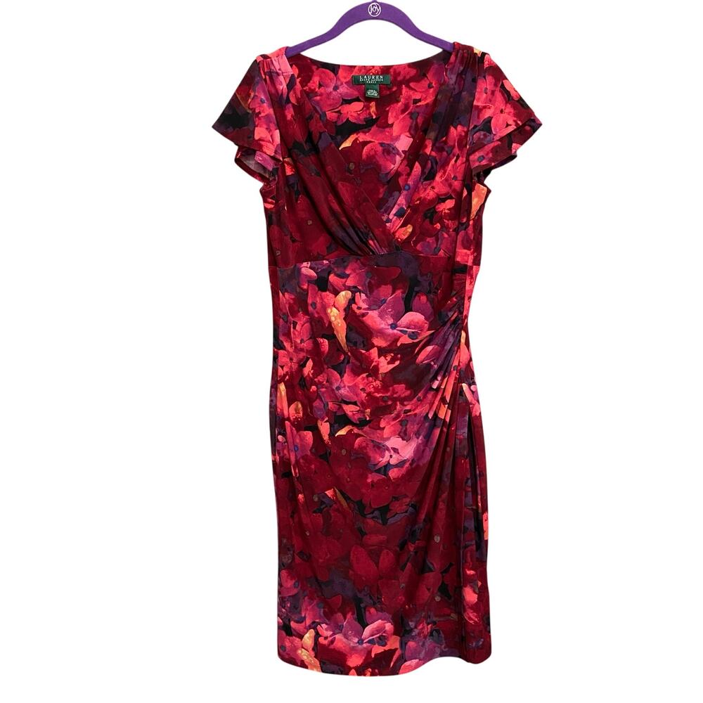 Lauren Ralph Lauren Red Floral Dress Ruched Size Medium